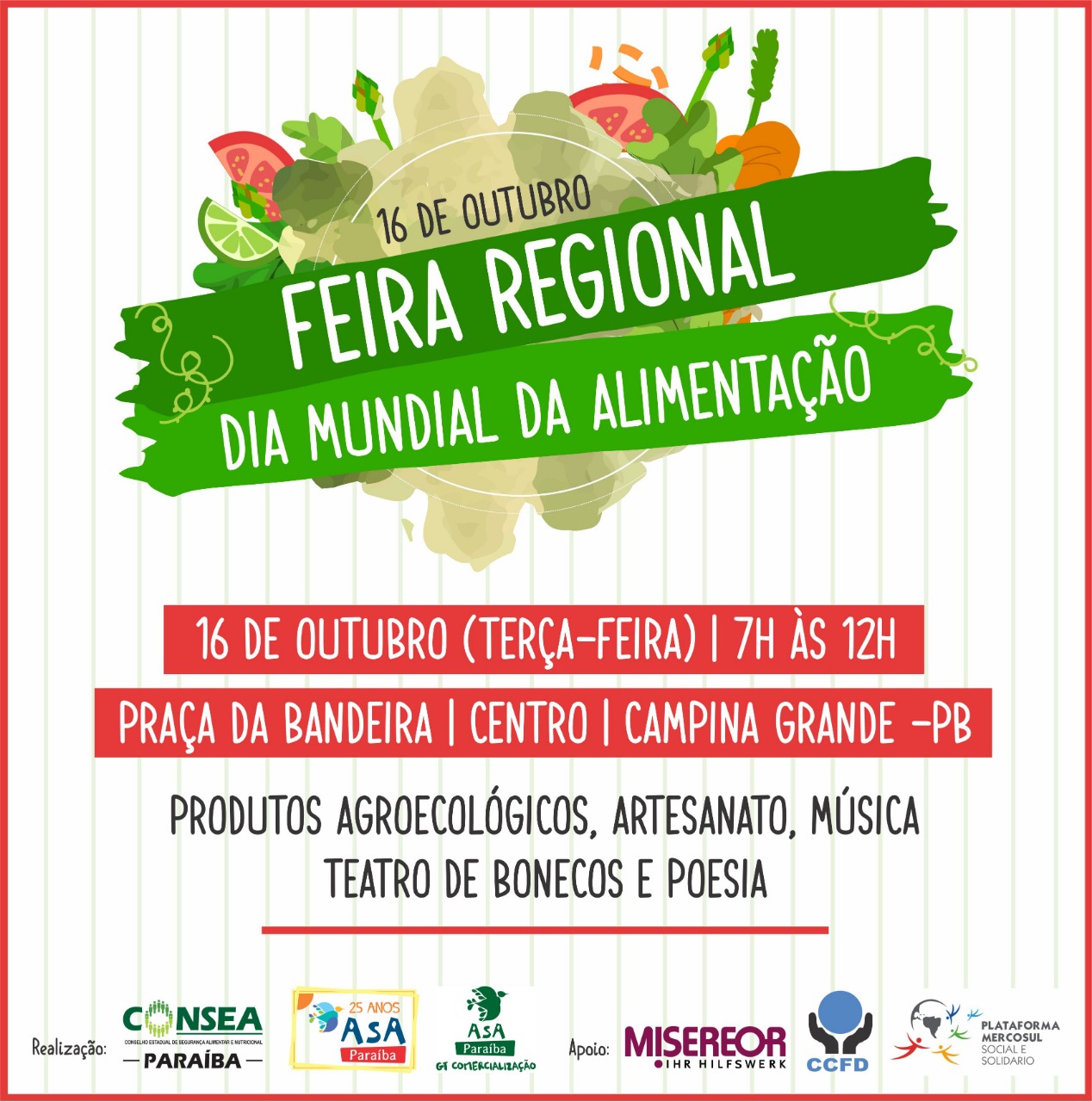 Dia Mundial da Alimentação será comemorado em Campina Grande com Feira de Produtos Agroecológicos